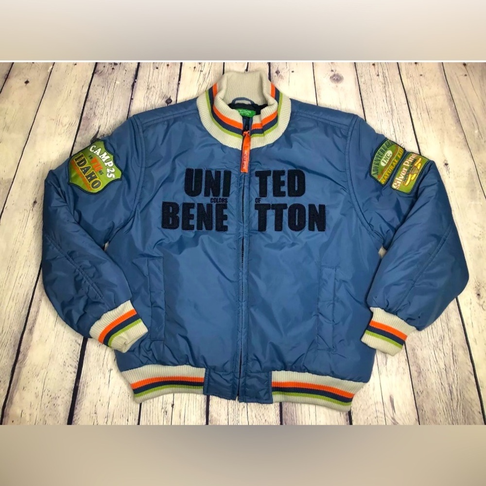 United Colors Of Benetton Sky Blue Kids Puffer Jacket with Striped Trim